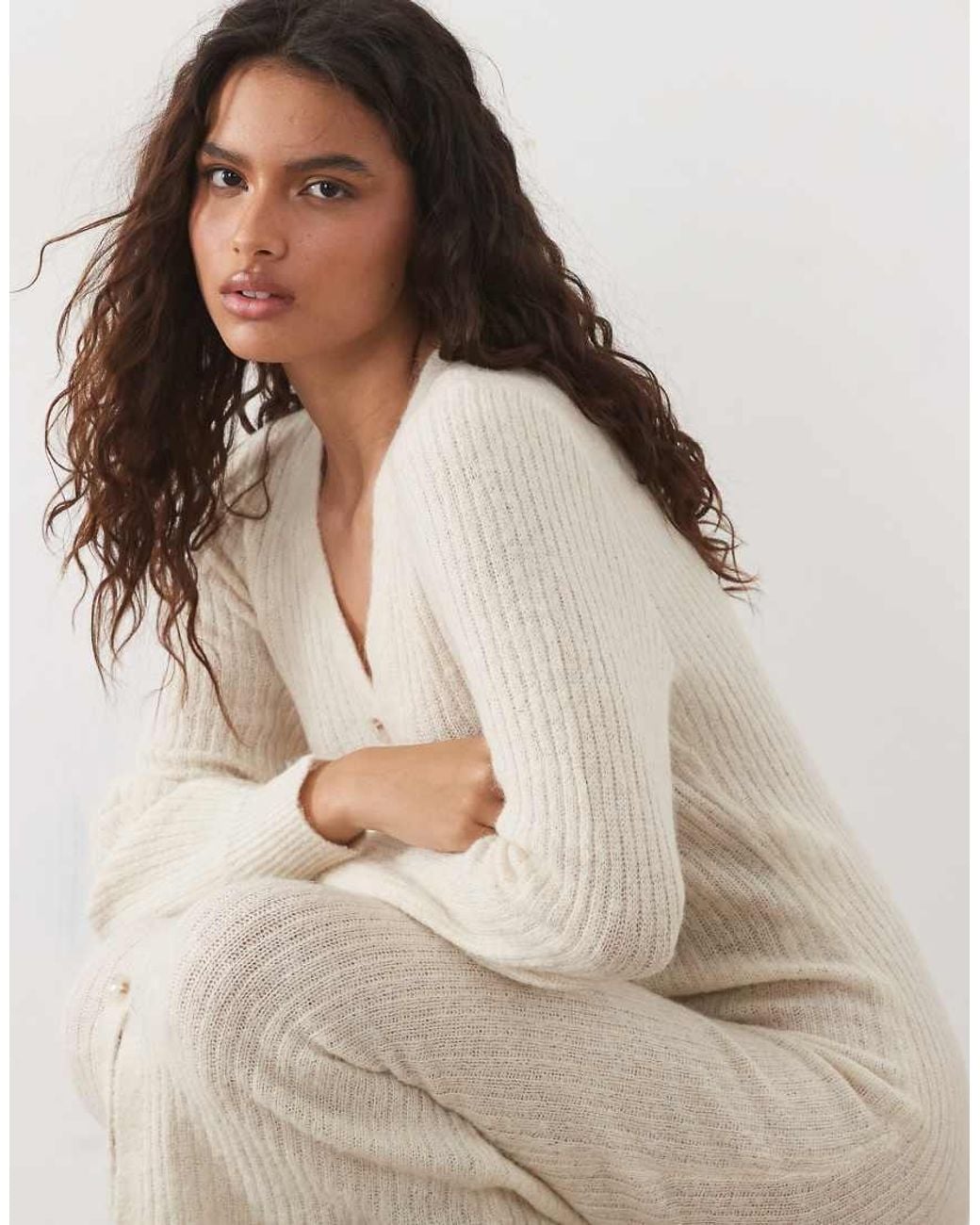 Y.A.S Natural Button Front Balloon Sleeve Knitted Maxi Dress