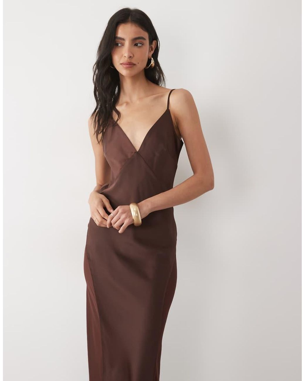 Wanderdoll Brown Sadran Satin Cami Mesh Panel Maxi Dress