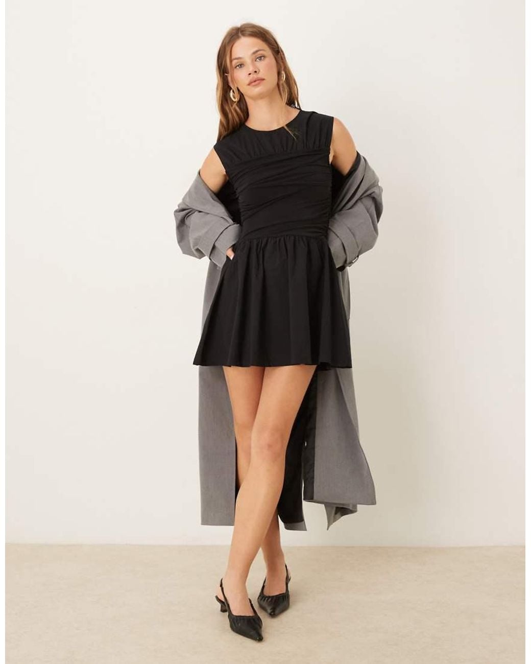 ASOS Black Woven Mix Waisted Wrap Detail Mini Dress
