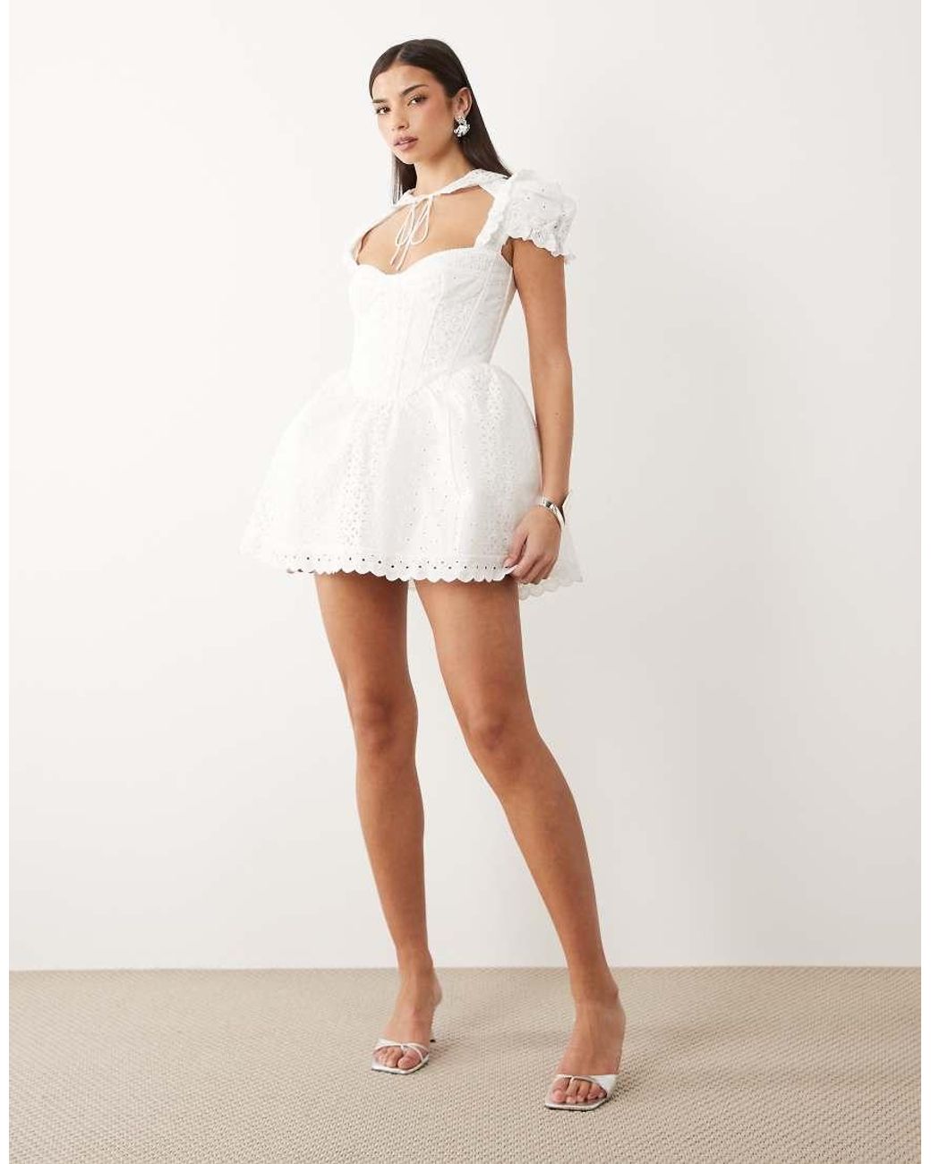 Bardot White Allington Cotton Broderie Corset Puff Sleeve Tie Collar Detail Mini Dress