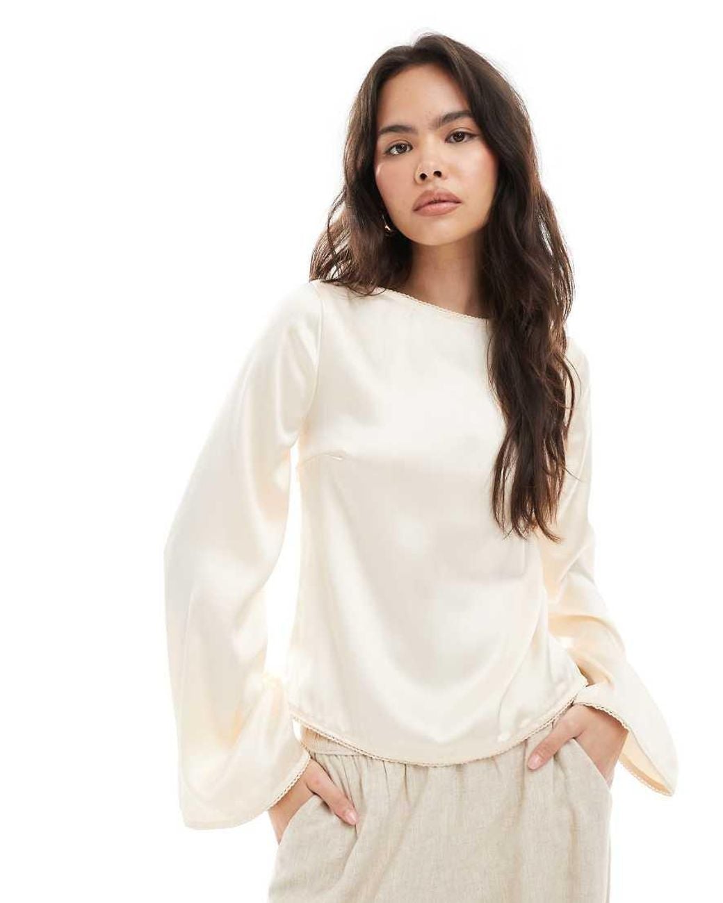 ASOS White Tie Back Satin Long Sleeve Top