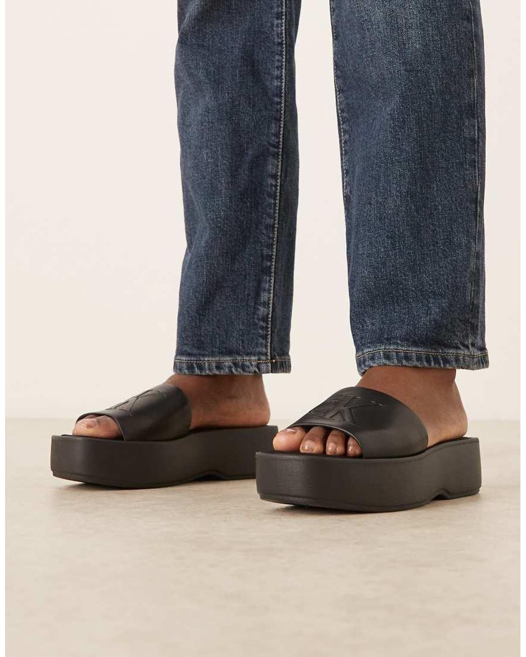 Calvin Klein Blue Jeans Monogram Flatform Leather Sandal