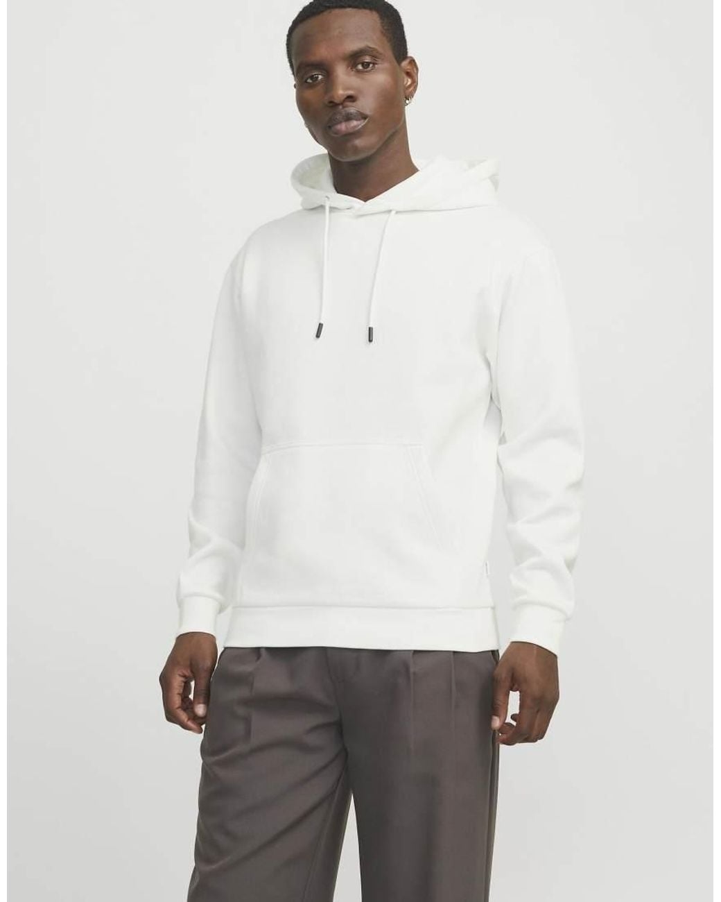 Jack & Jones White Ebradley Fleece Relaxed Fit Hoodie Long Sleeve for men