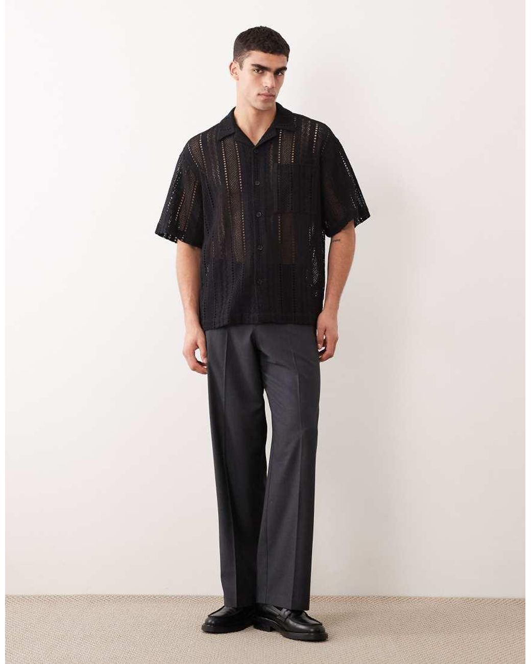 ASOS Black Oversized Crochet Revere Shirt for men