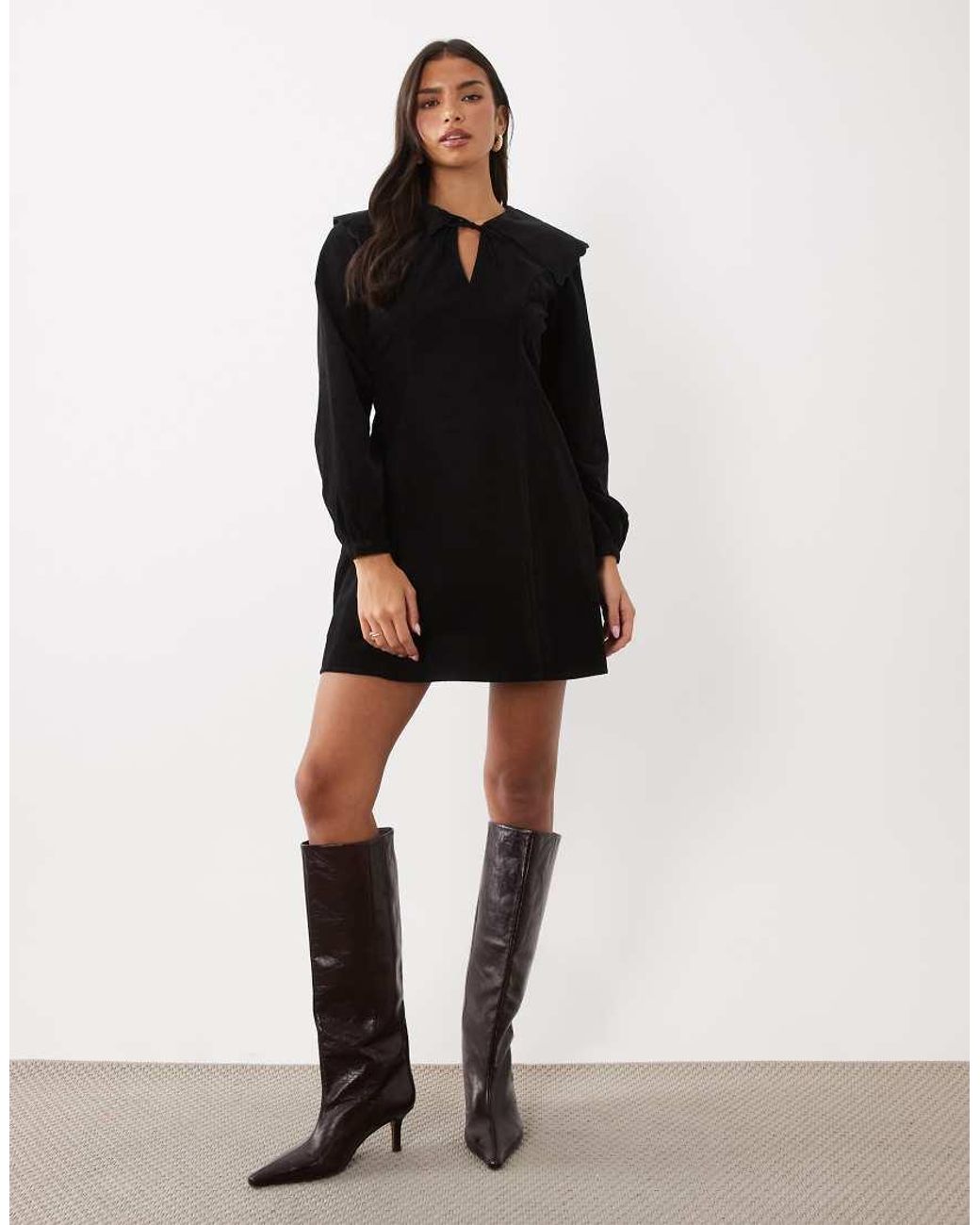Nobody's Child Black Hannah Cord Oversized Collar Tie Front Mini Dress
