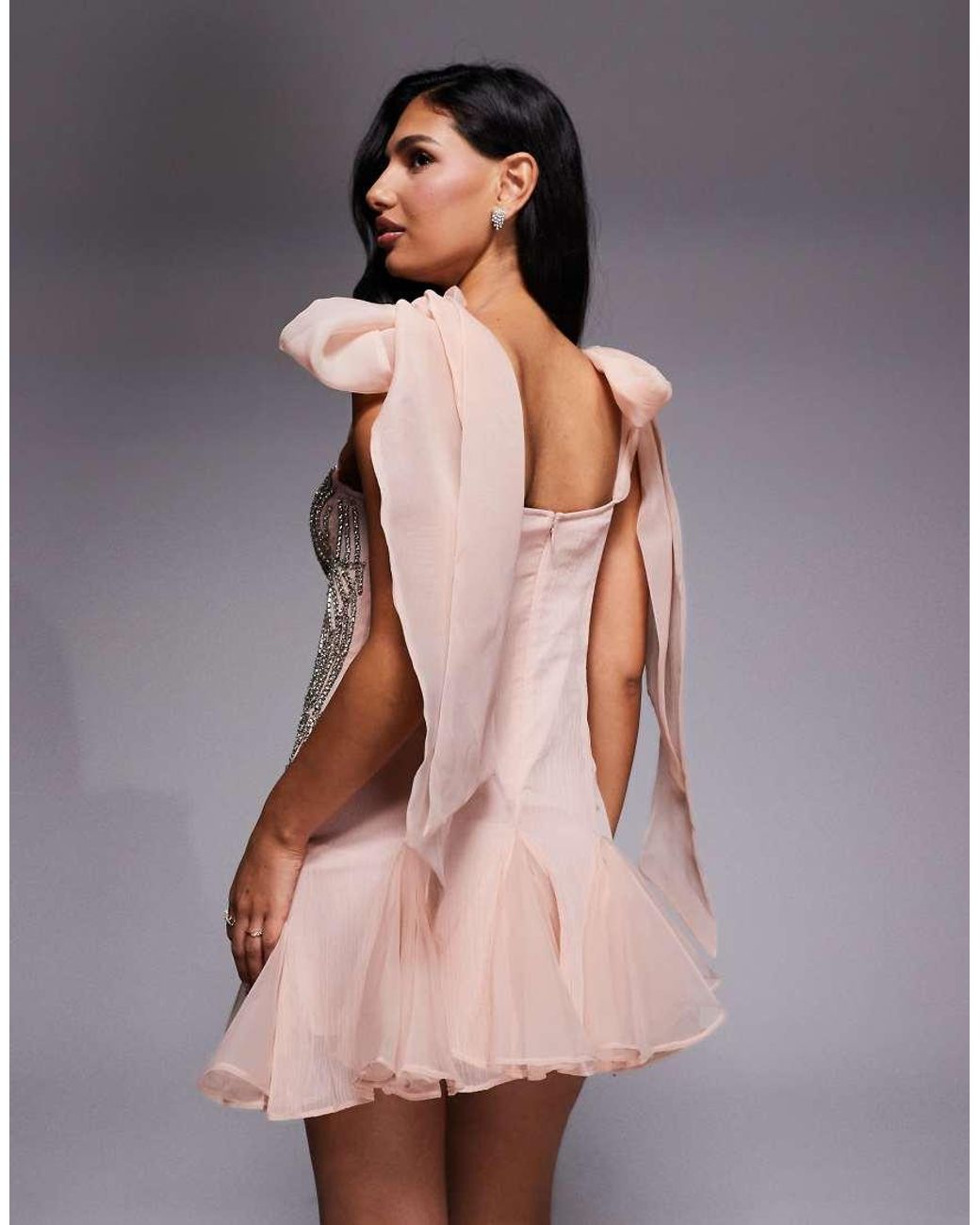 ASOS Pink Organza Tie Shoulders Embellished Mini Dress