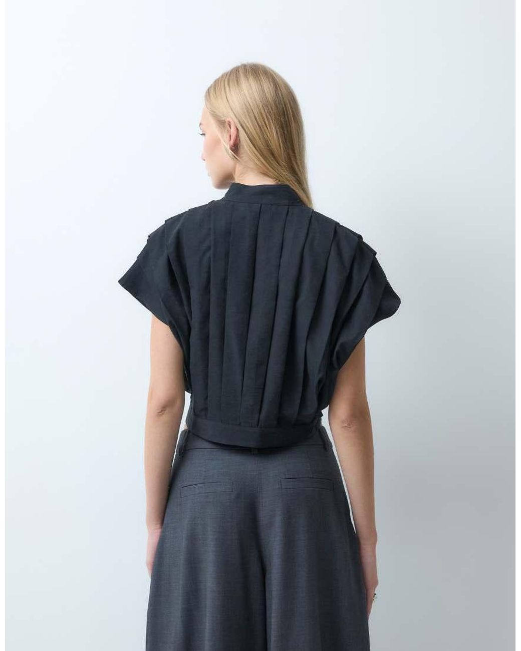 laagam Blue Kora Pleated Short Sleeve Blouse
