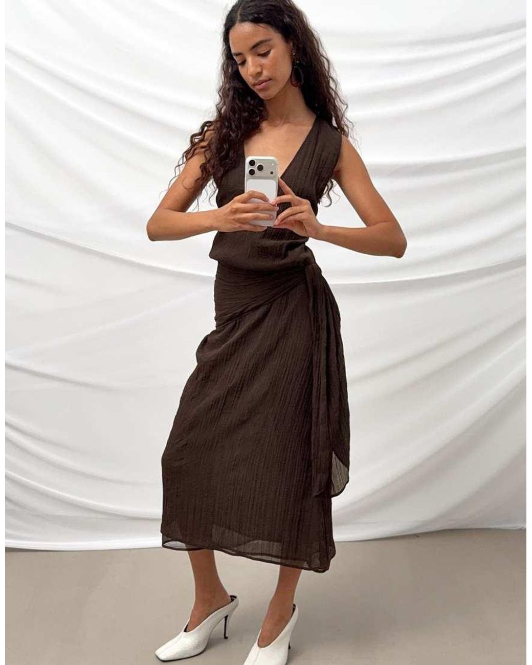 NA-KD White Scoop Neck Scarf Tie Midi Dress