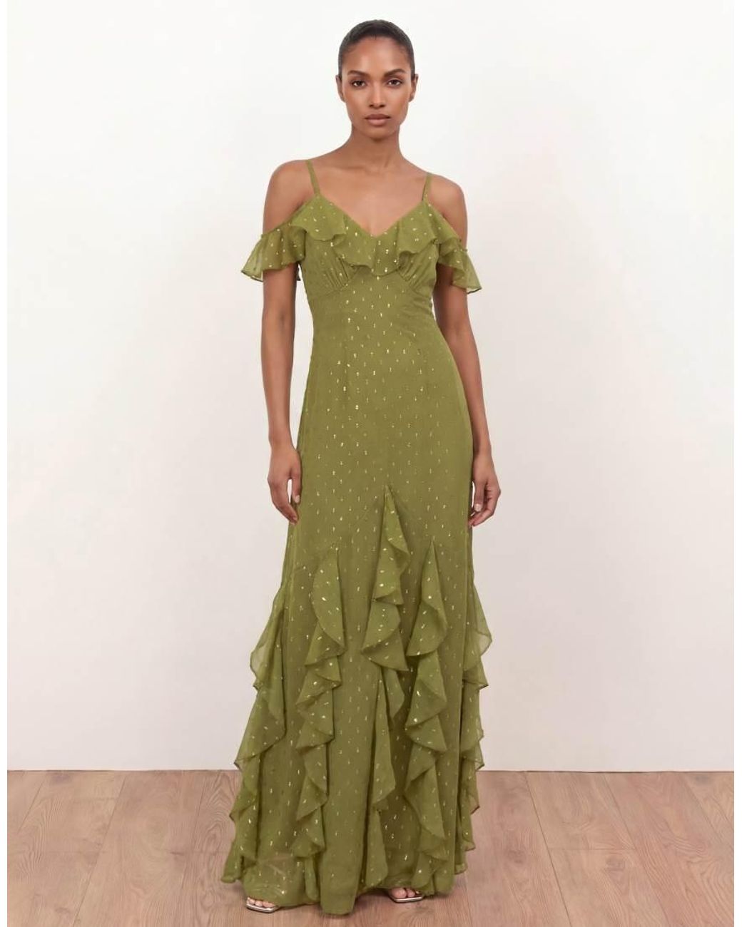 ANAYA Green Cold Shoulder Ruffle Maxi Dress