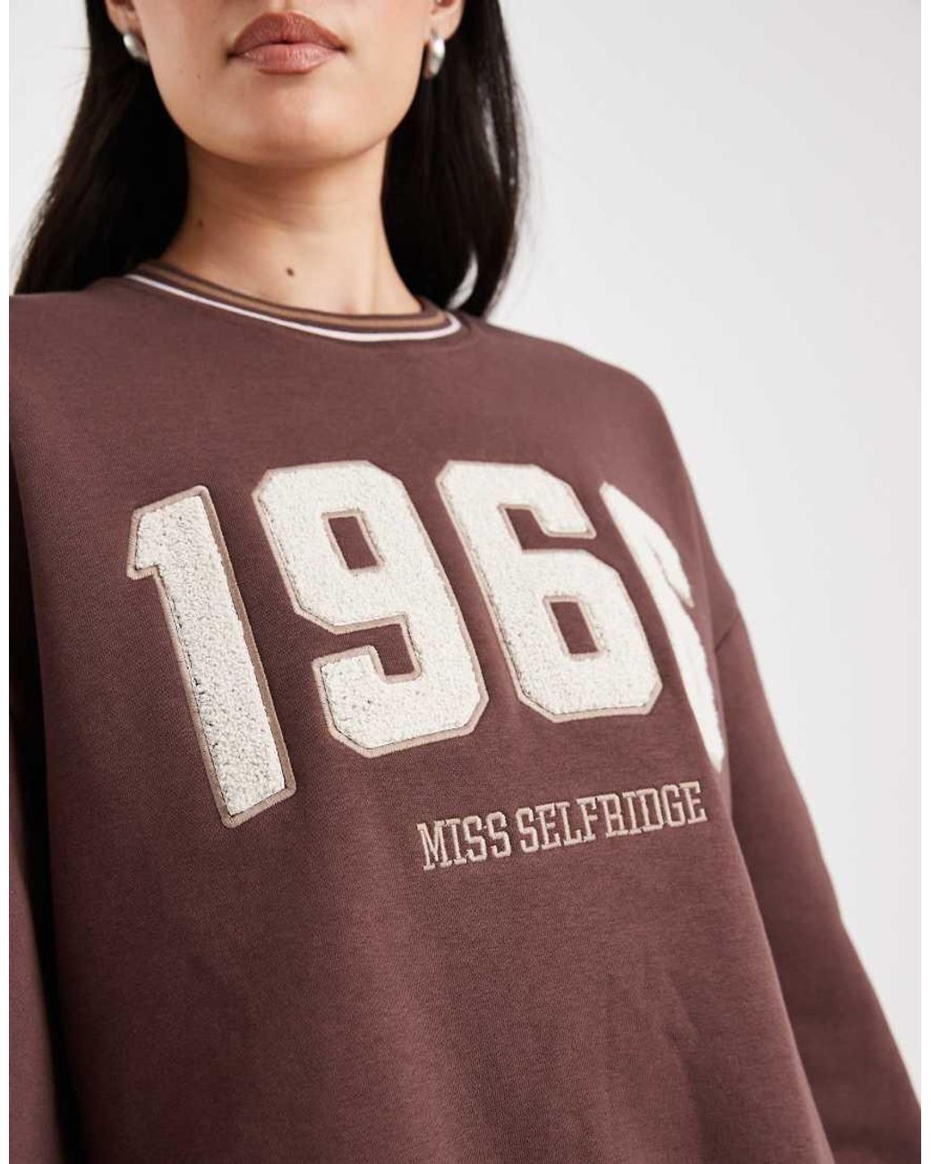 Miss Selfridge Brown Borg Printed Oversized Sweatshirt