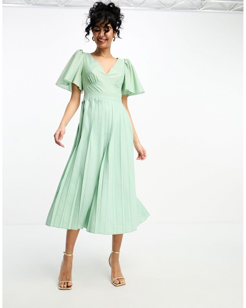 Little Mistress Plunge Flutter Sleeve Midi Dress in Green Lyst