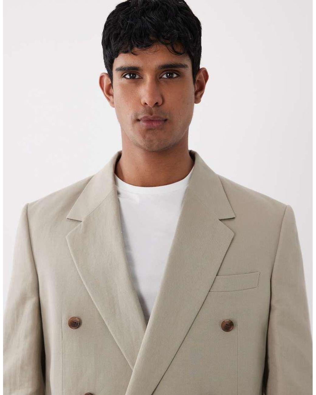 ASOS Natural Relaxed Double Breasted Linen Rich Suit Jacket for men