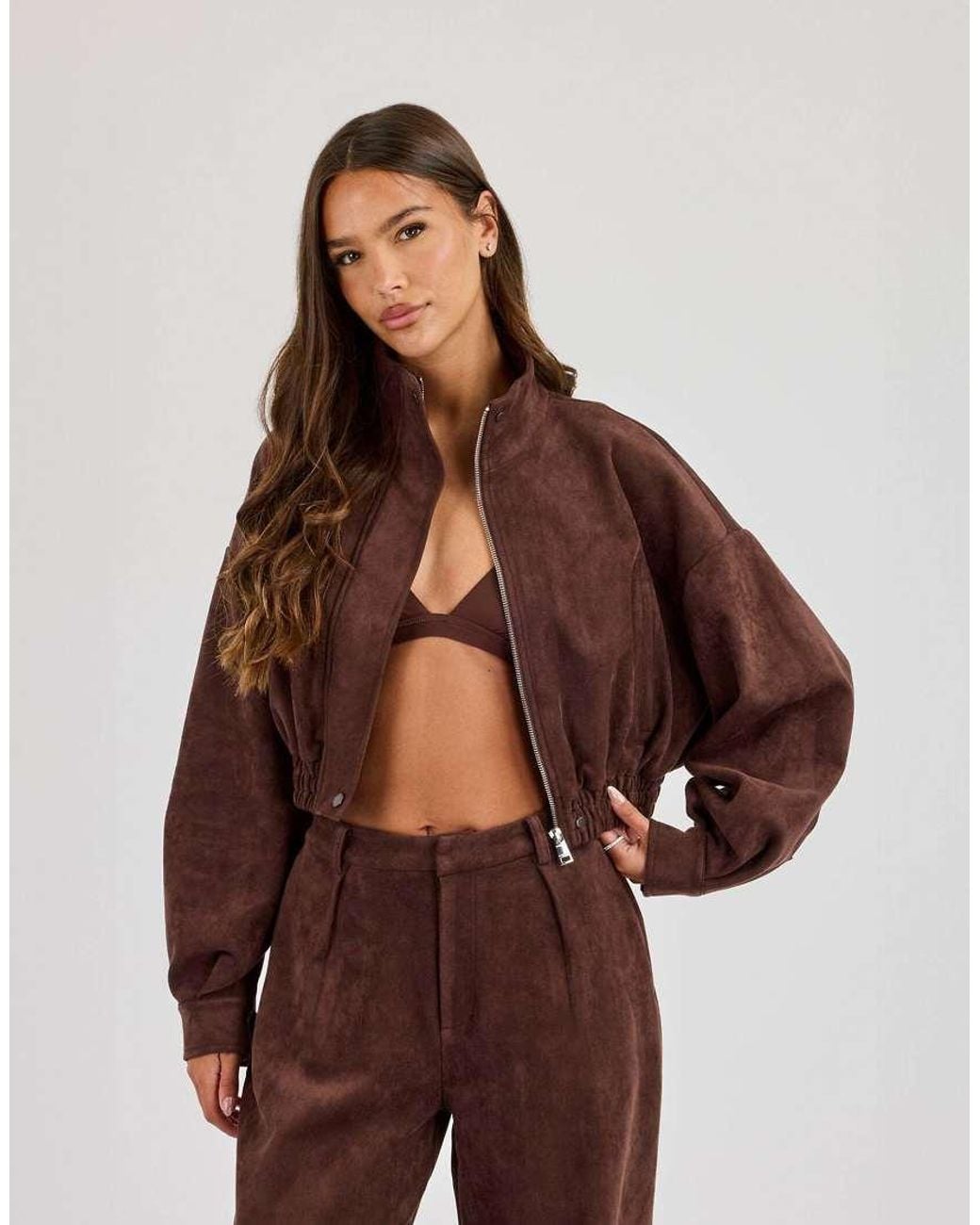CERNUCCI Brown Suede Cropped Funnel Neck Jacket