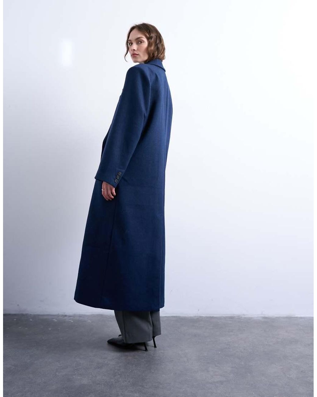 TOPSHOP Blue Oversized Double Breasted Mensy Overcoat With Wool