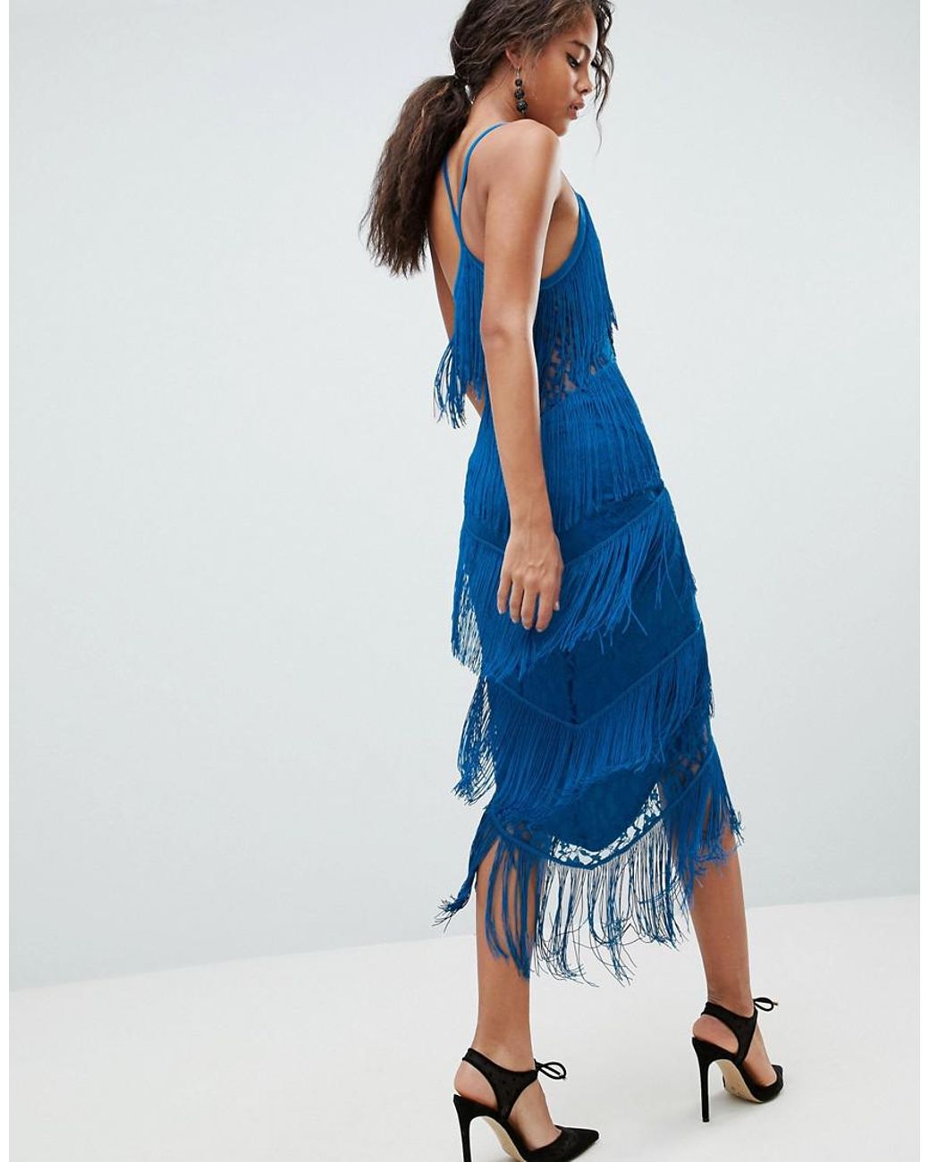 ASOS Asos Design Fringe & Lace Plunge Midi Dress in Blue | Lyst