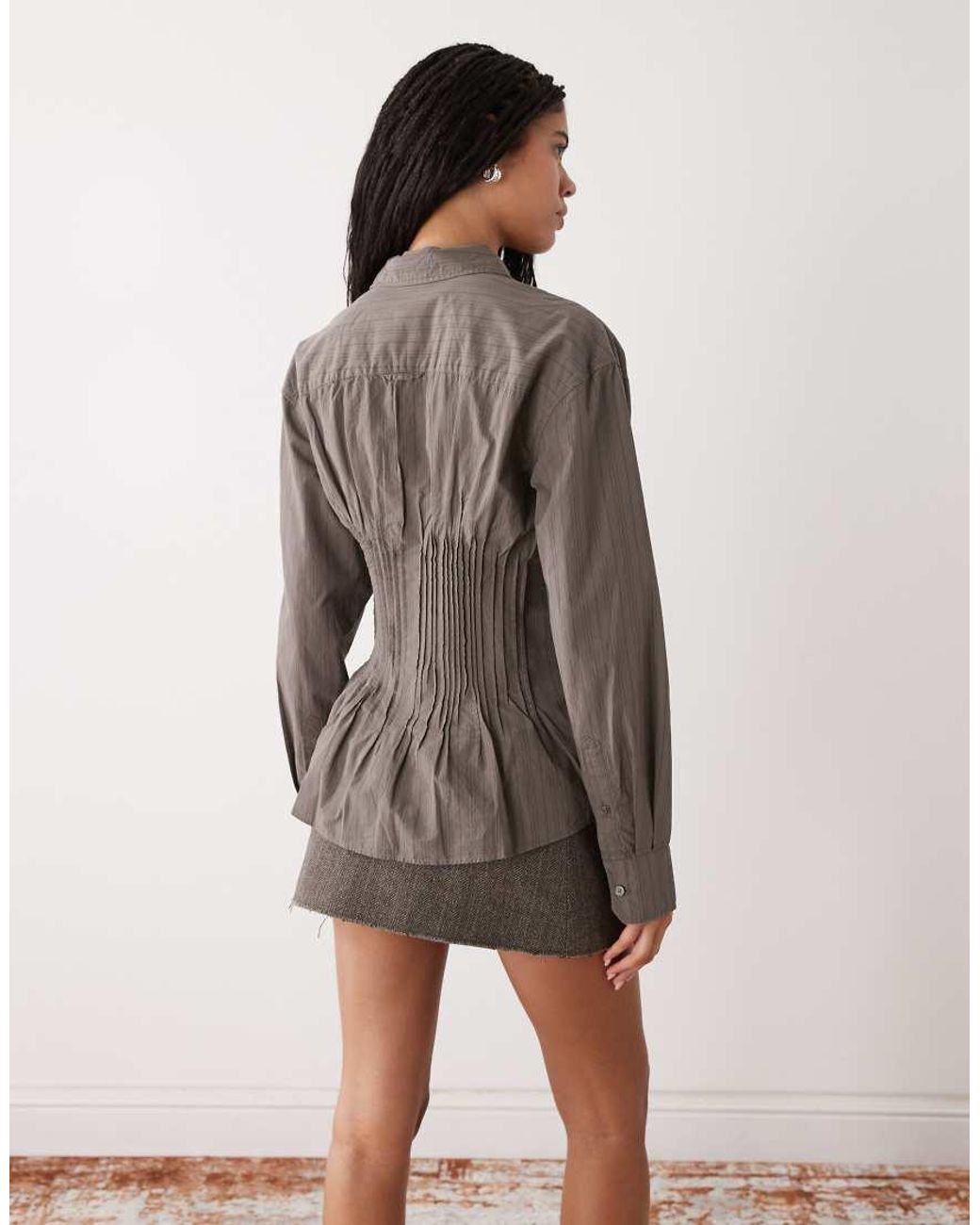 Weekday Brown Cinched Shirt With Ruching And Peplum Hem