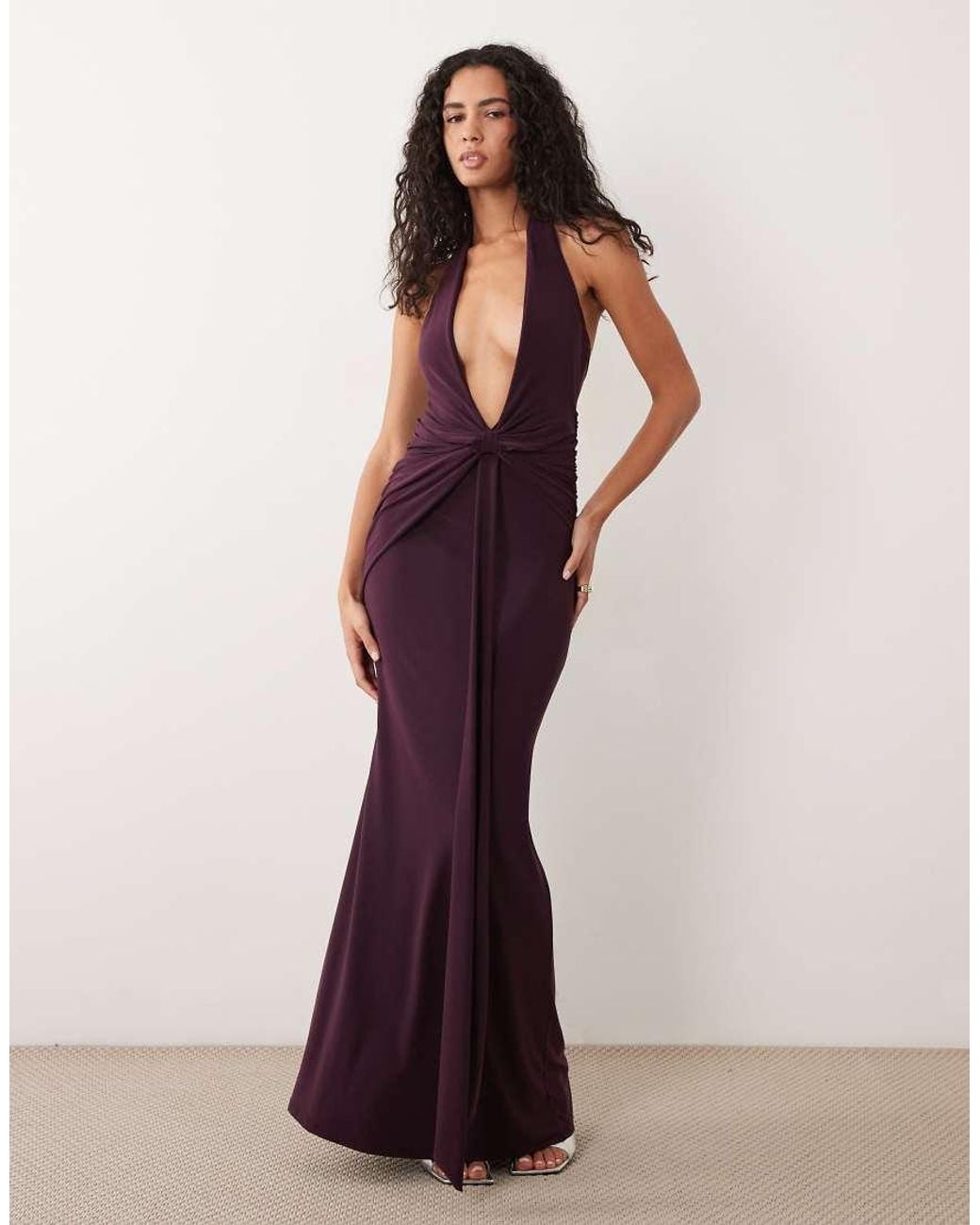 ASOS Purple Plunge Halter Neck Ruched Maxi Dress