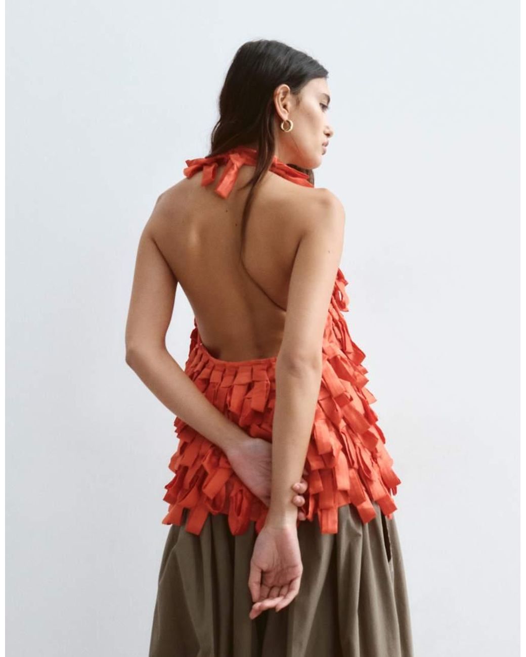 ARRANGE Red Textural Satin Loop Halter Top