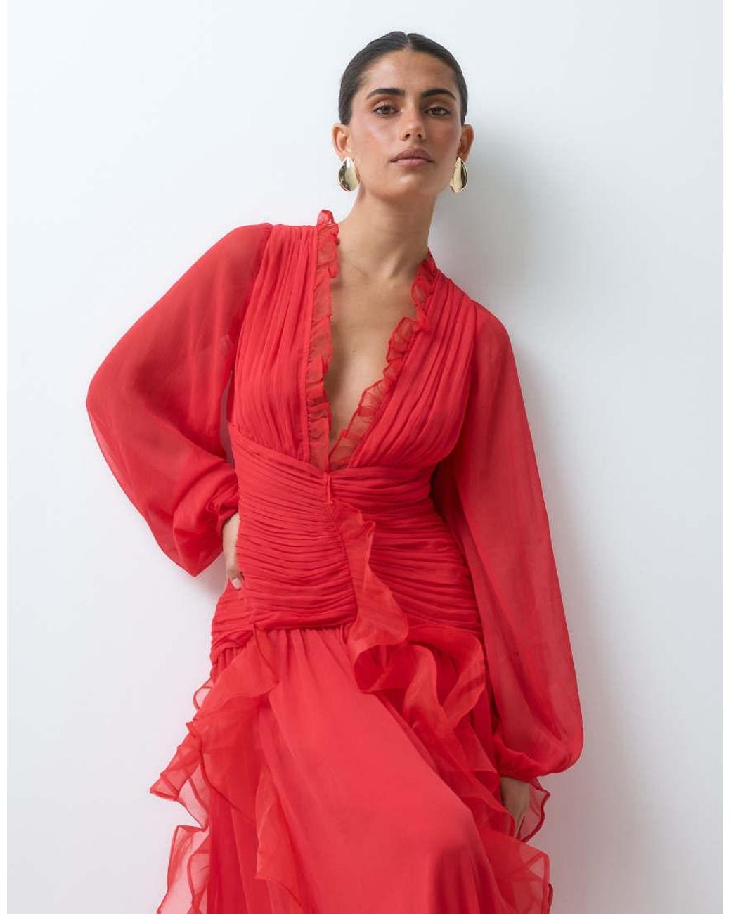 ASOS Red Ruched Long Sleeve Maxi Dress With Waterfall Detail