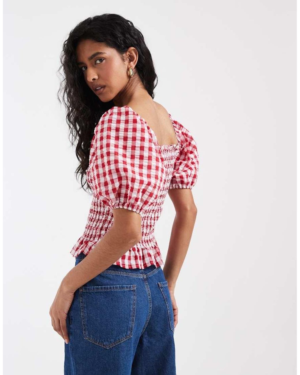 Vero Moda Red Shir Bodice Puff Sleeve Crop Top