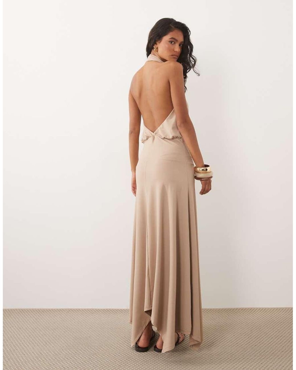 ASOS Natural Halter Neck Hanky Hem Midi Dress