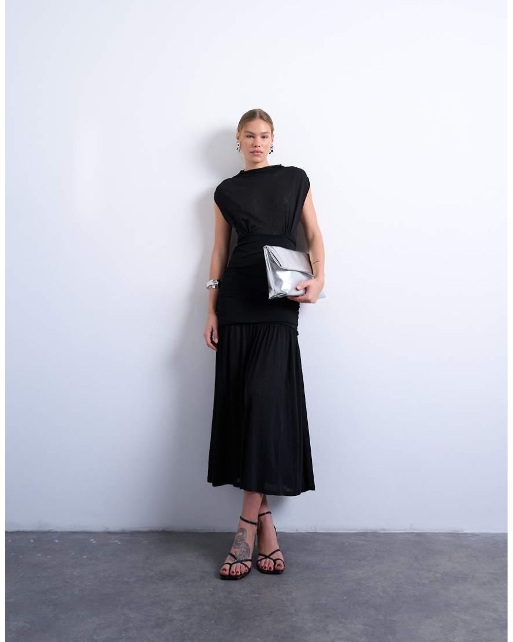 TOPSHOP White High Neck Ruched Maxi Dress