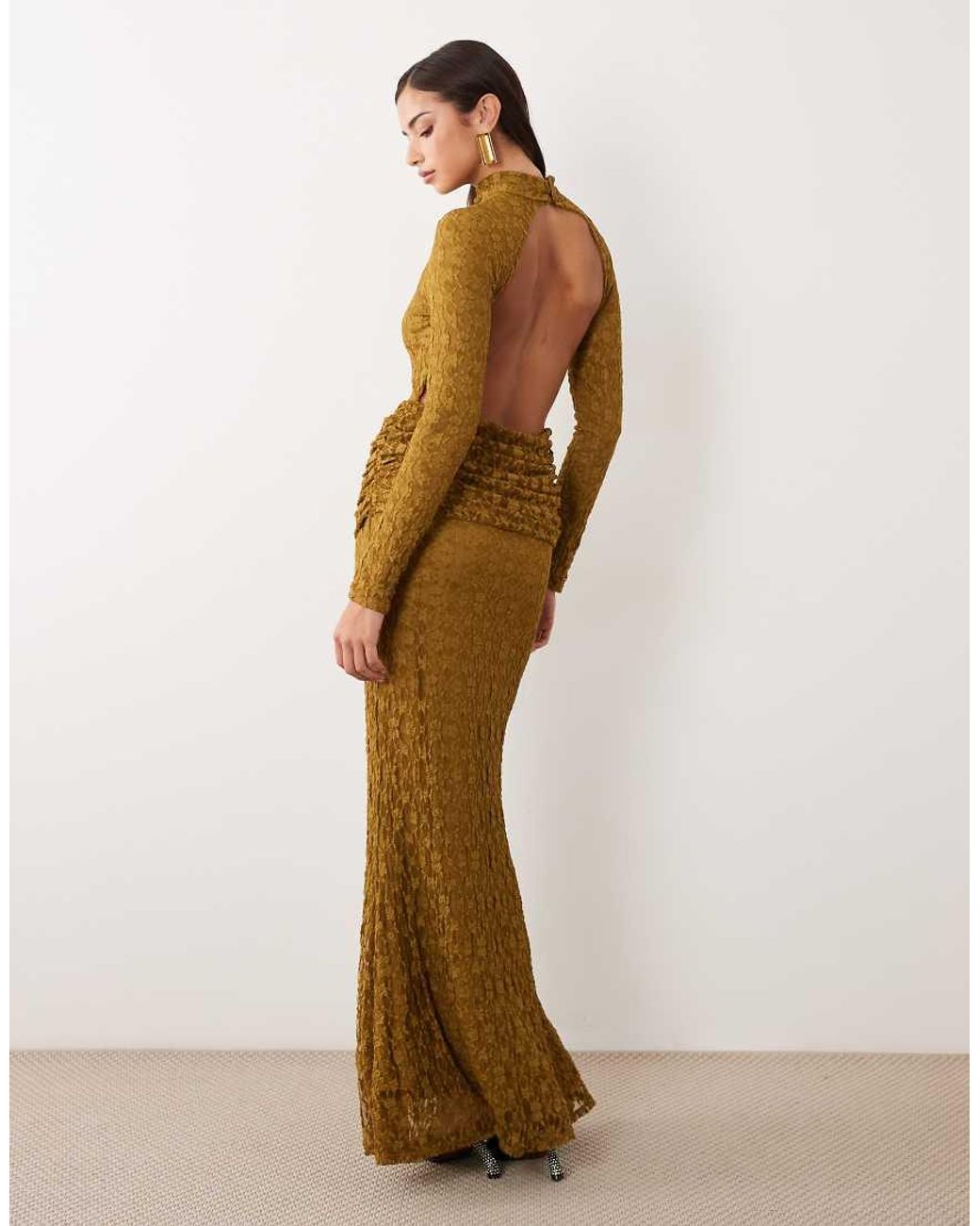 ASOS Brown Backless Maxi Lace Dress With Cowl Drape At Hips