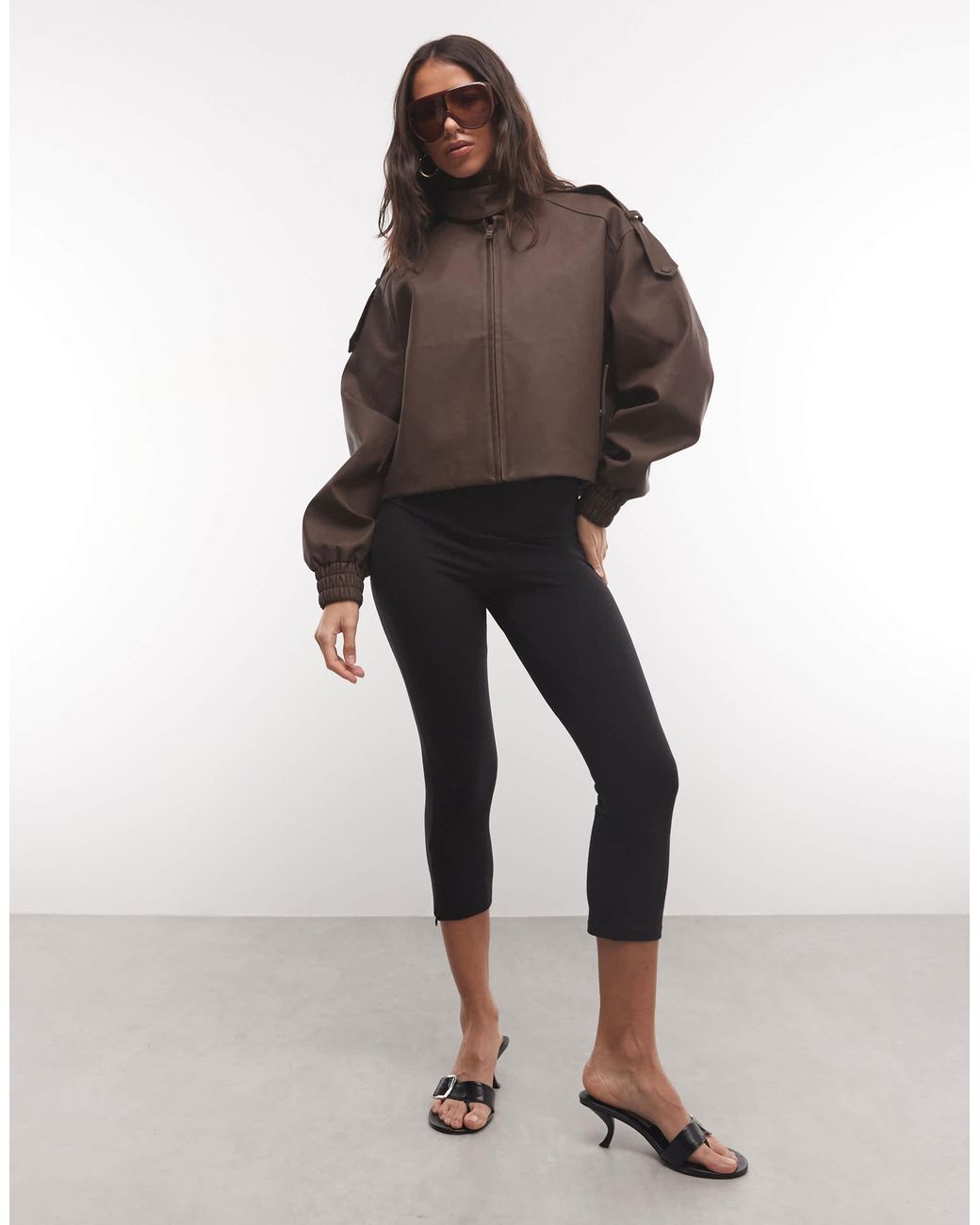 CERNUCCI Brown Boxy Faux Leather Funnel Neck Jacket