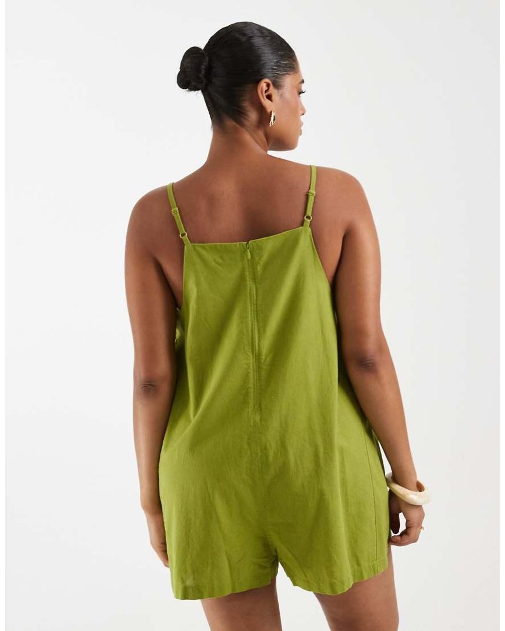 ASOS Green Asos Design Curve Cotton Linen Pinny Playsuit