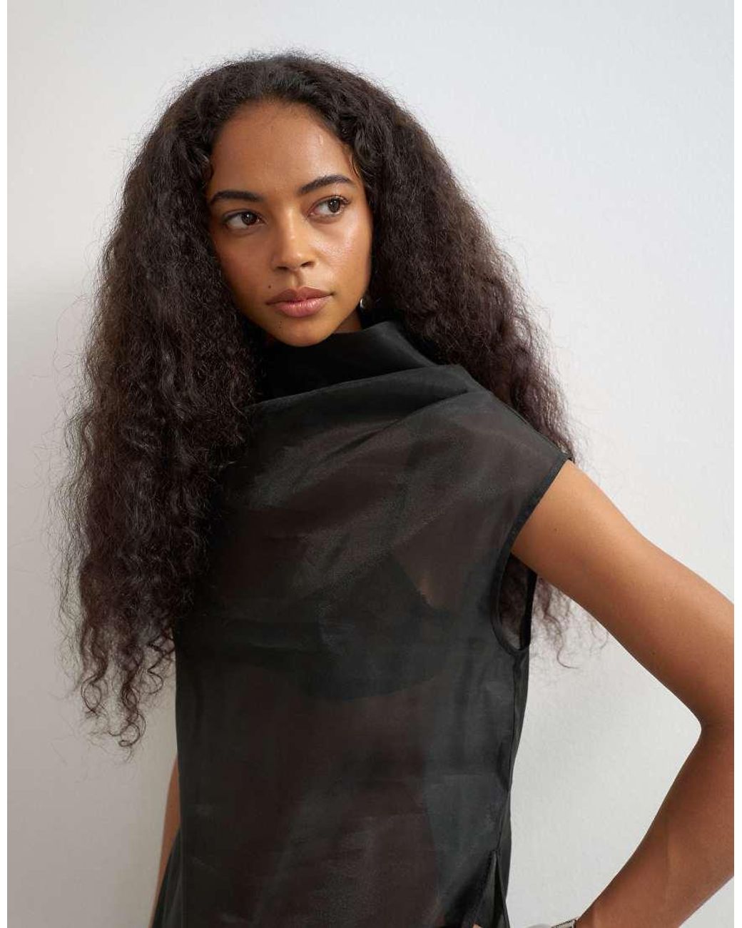 TOPSHOP Black Organza High Neck Side Split Tunic Top