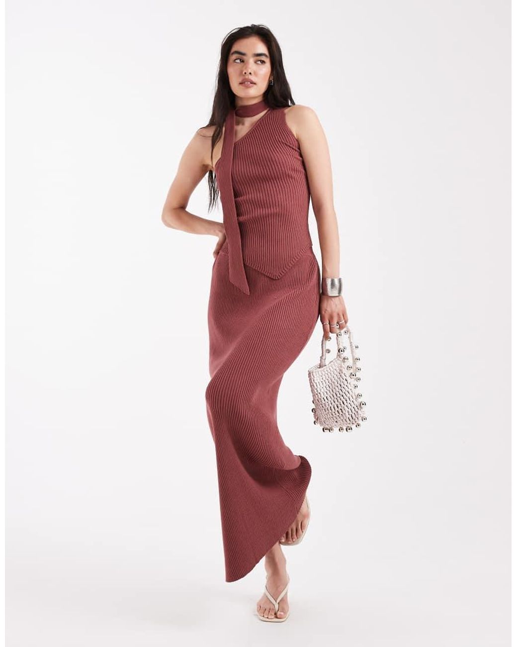 4th & Reckless Red Rib Knit Scarf Detail Asymmetric Top Co-Ord
