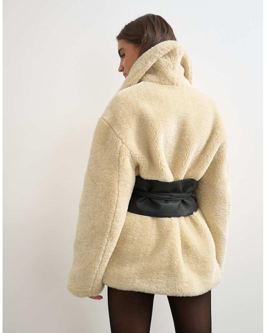 TOPSHOP Natural Borg Coat With Faux Leather Belt