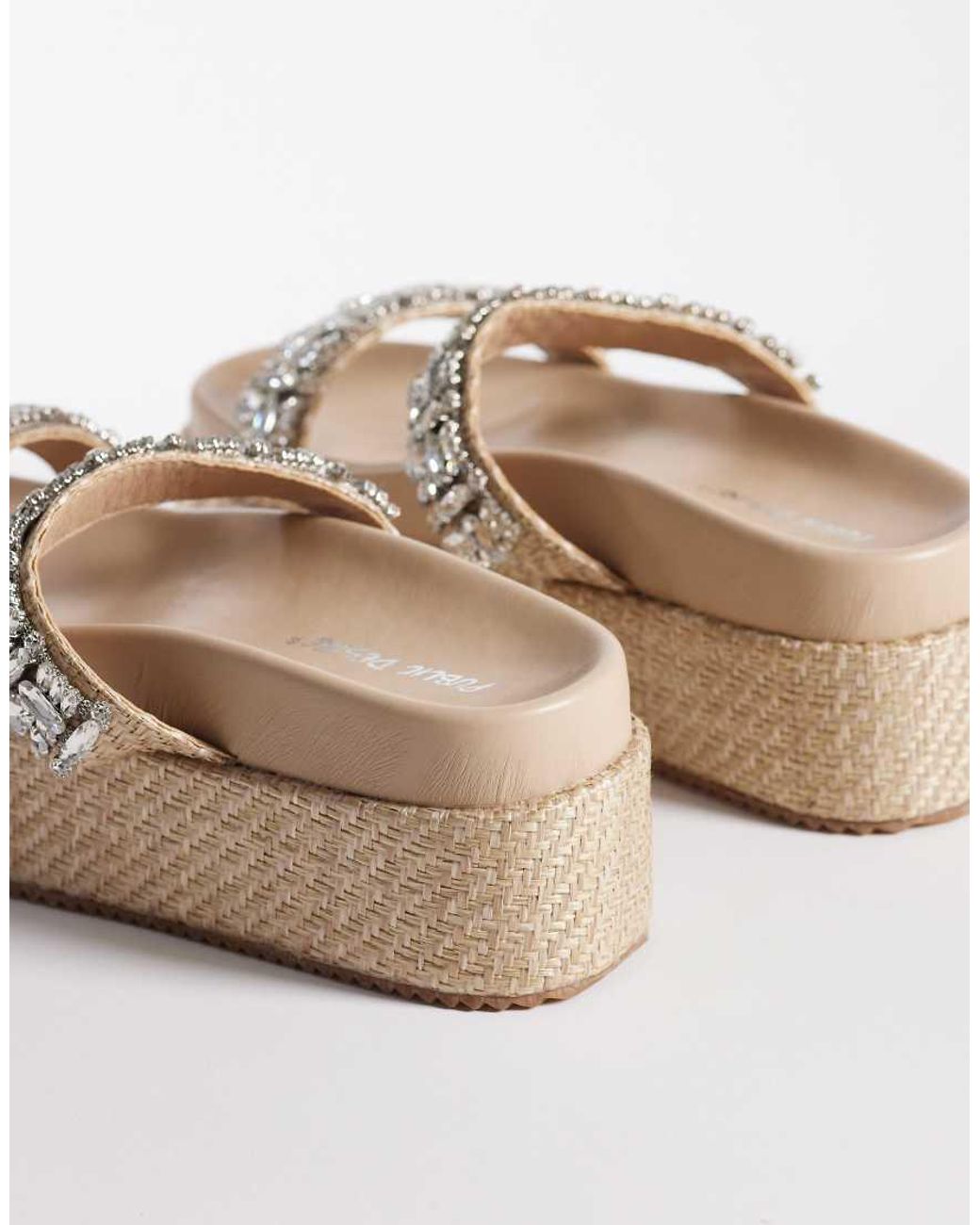 Public Desire Natural Darcy Platform Raffia Sandals With Embellished Straps-brown