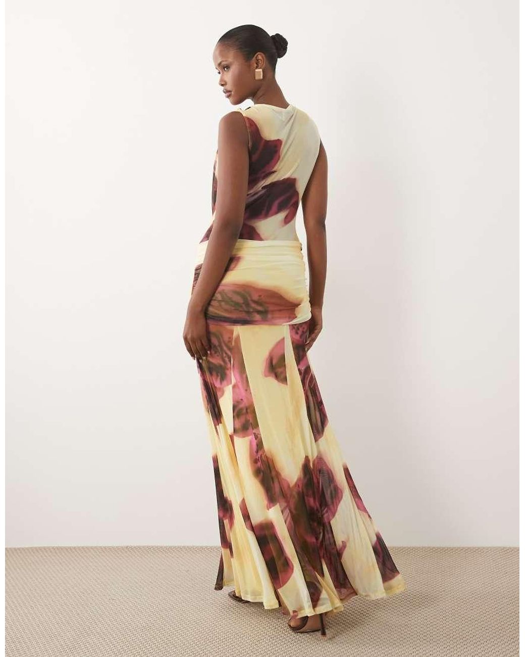 ASOS Multicolor Printed Mesh Deep Plunge Mesh Maxi Dress Over Sized Floral