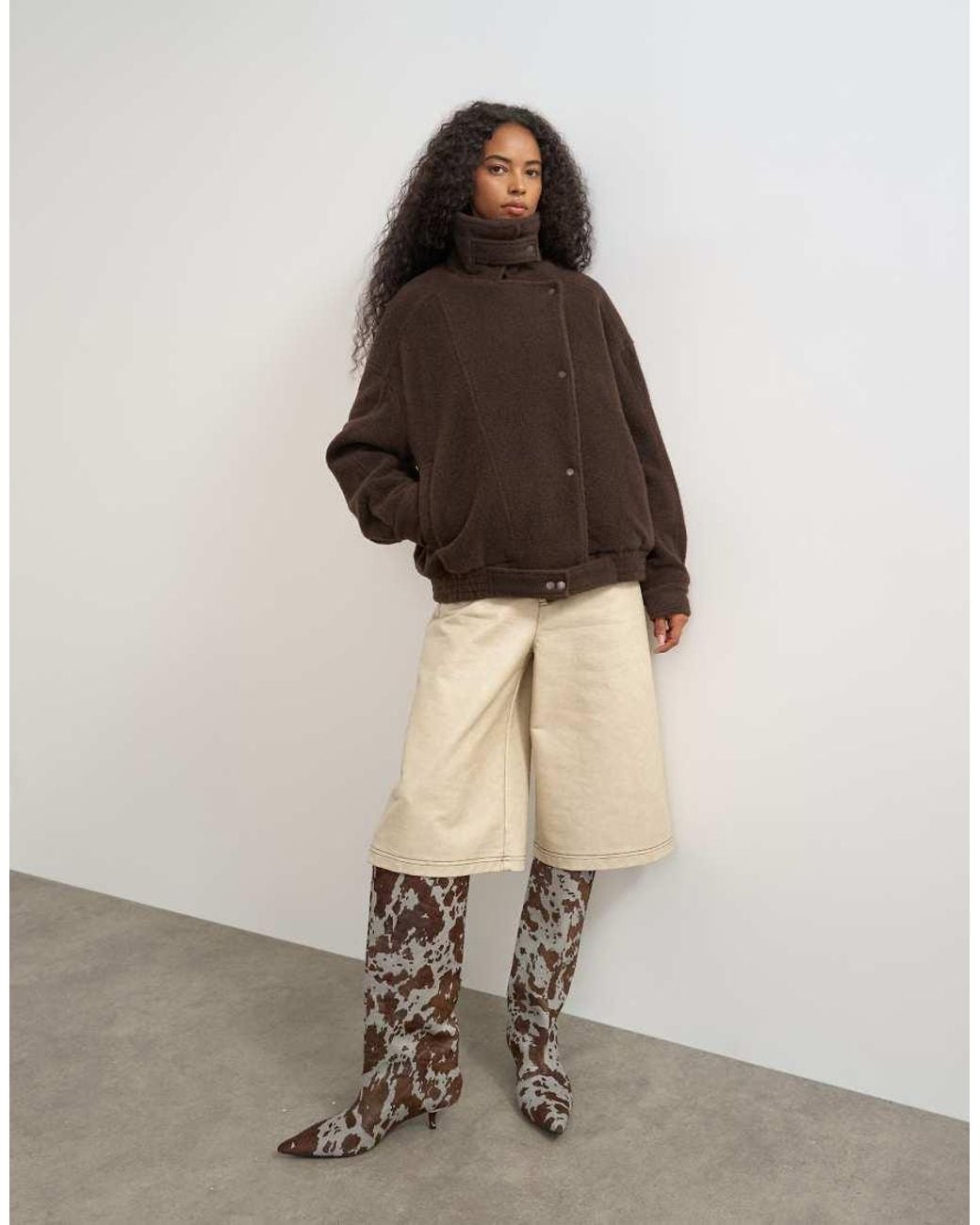 TOPSHOP Gray Funnel Neck Wool Belted Bomber Jacket