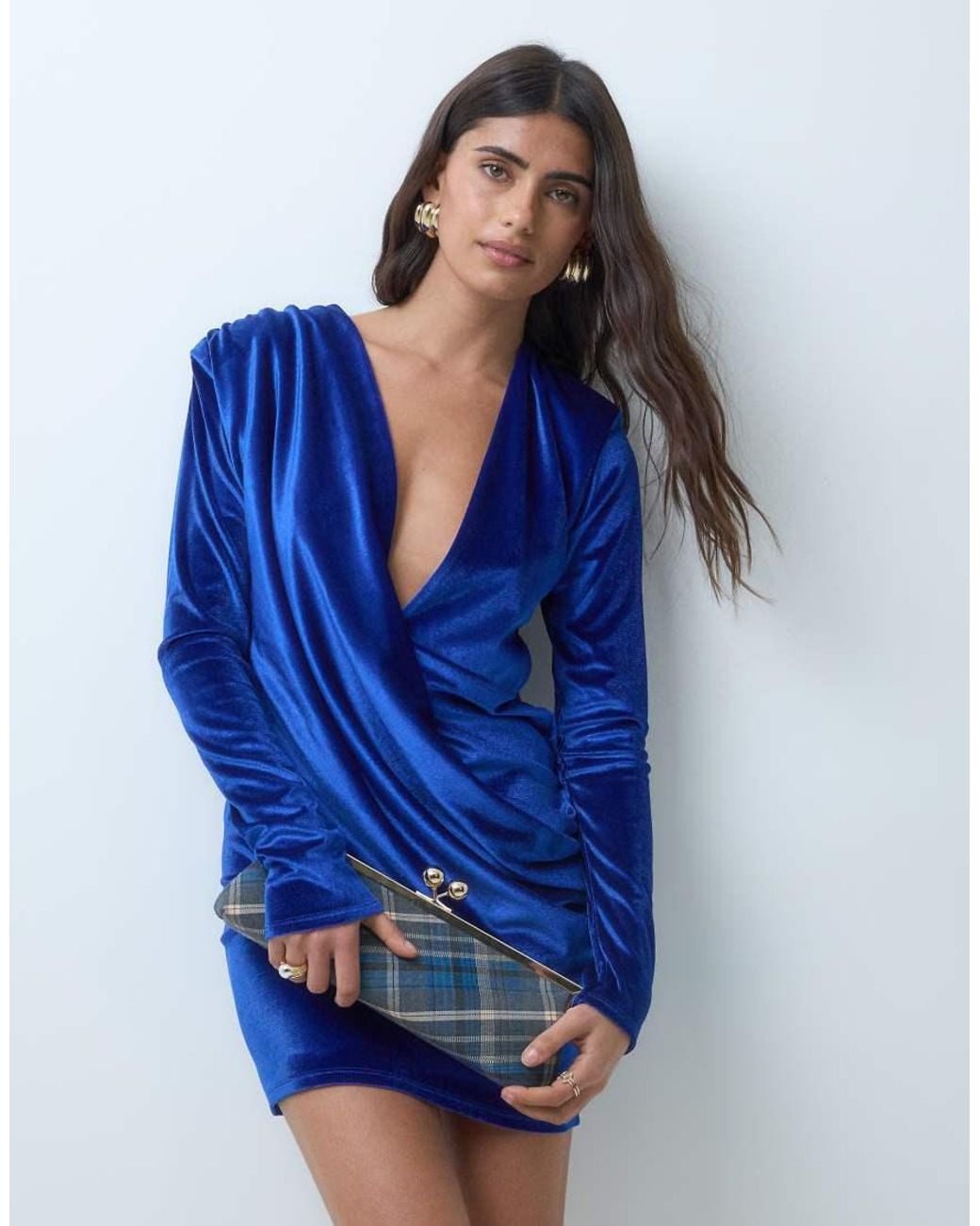 ASOS Blue Velvet Shoulder Pad Slinky Mini Dress With Sweeping Drape Detail