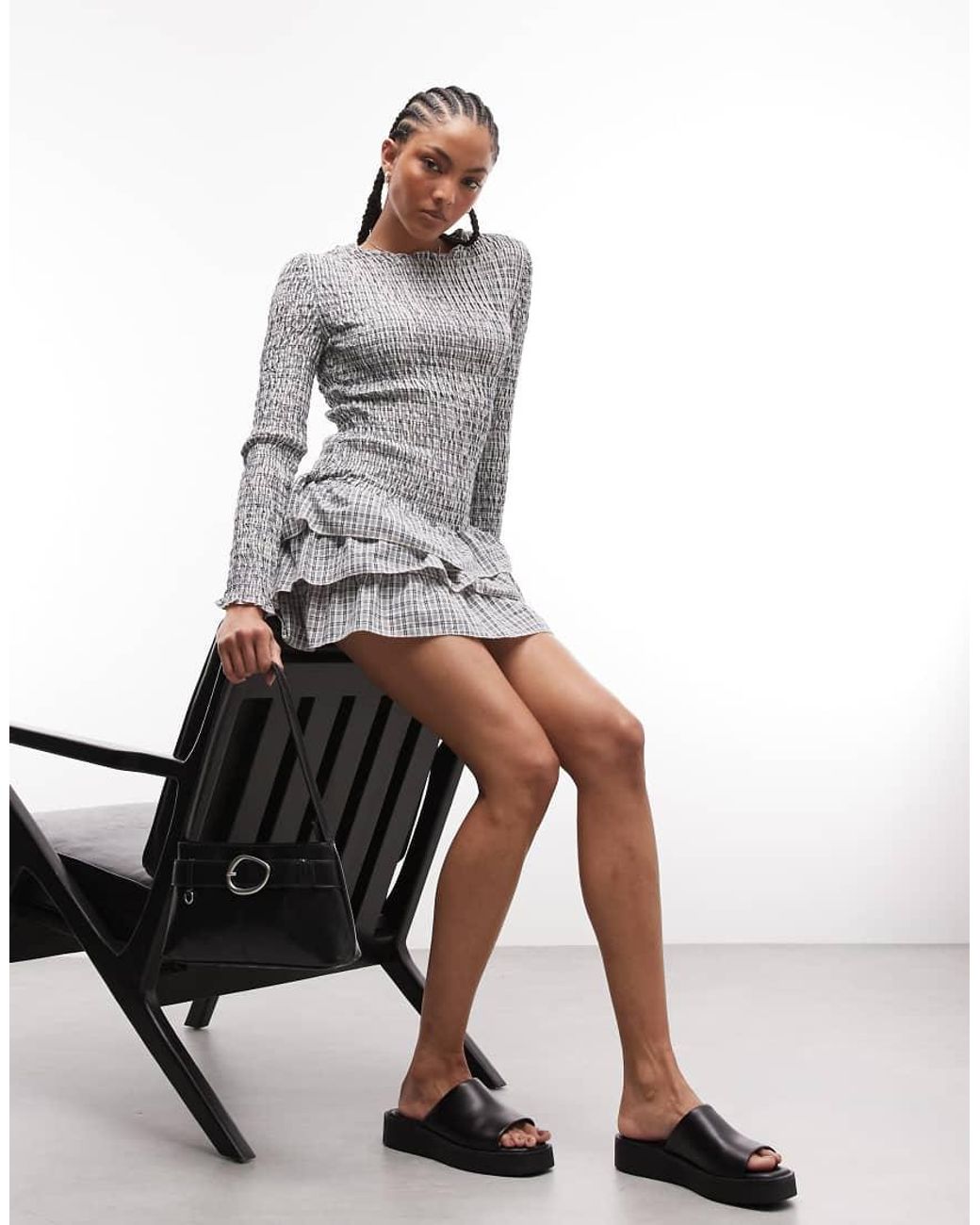 Daisy Street Gray Long Sleeve Drop Waist Shirred Ruffle Mini Dress