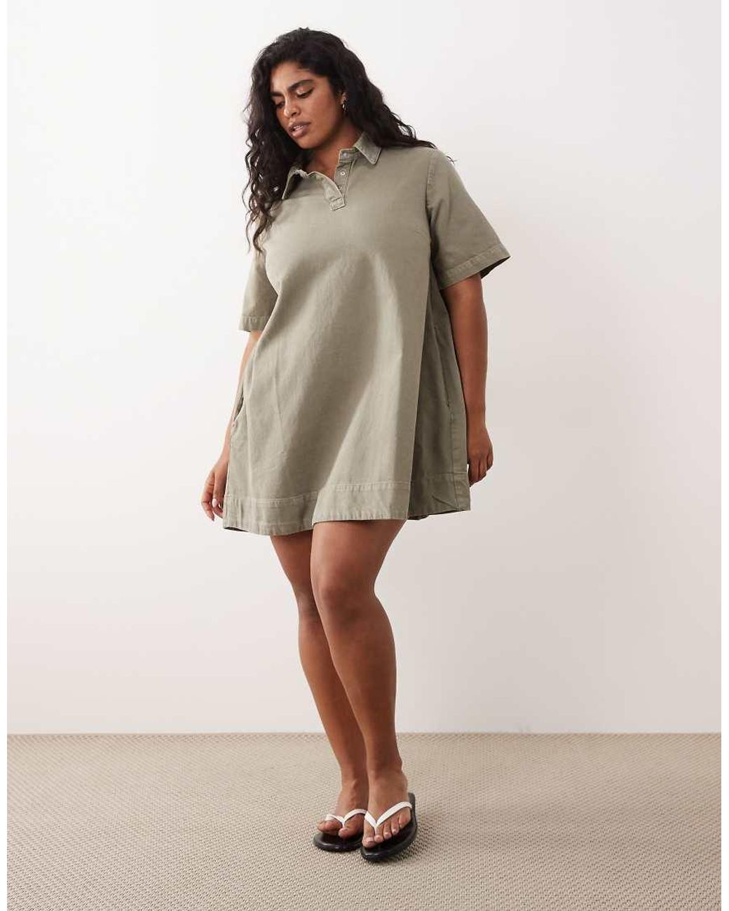 ASOS Brown Asos Design Curve Denim Trapeze Polo Dress