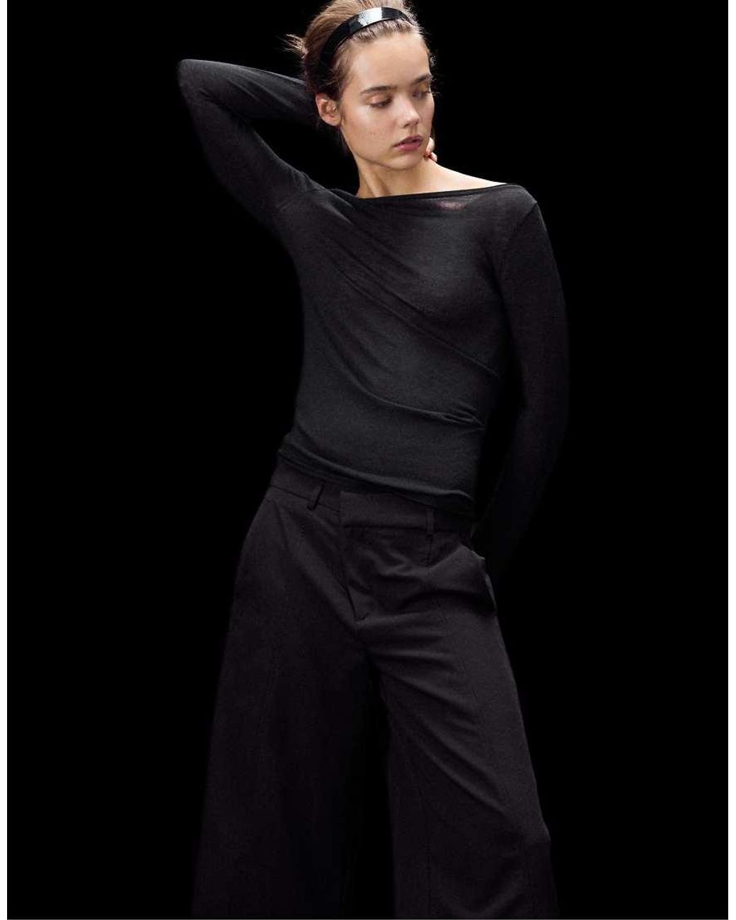 Stradivarius Black Wool And Silk Boat-neck Sweater