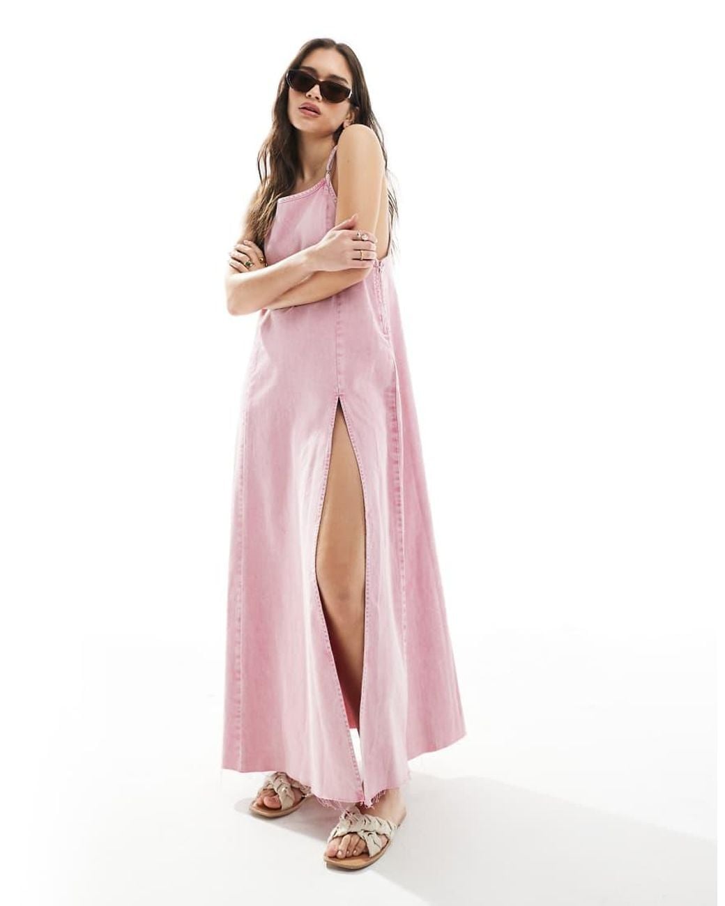 Monki Pink Denim Cami Maxi Dress With Front Split