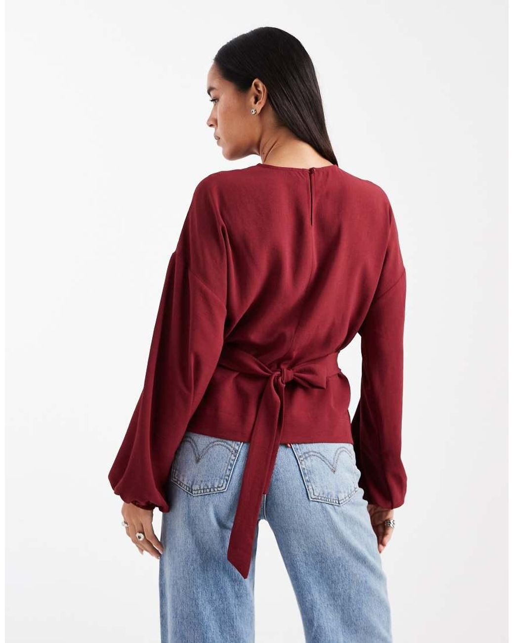 ASOS Red Cinched Waist Blouse With Tie Back