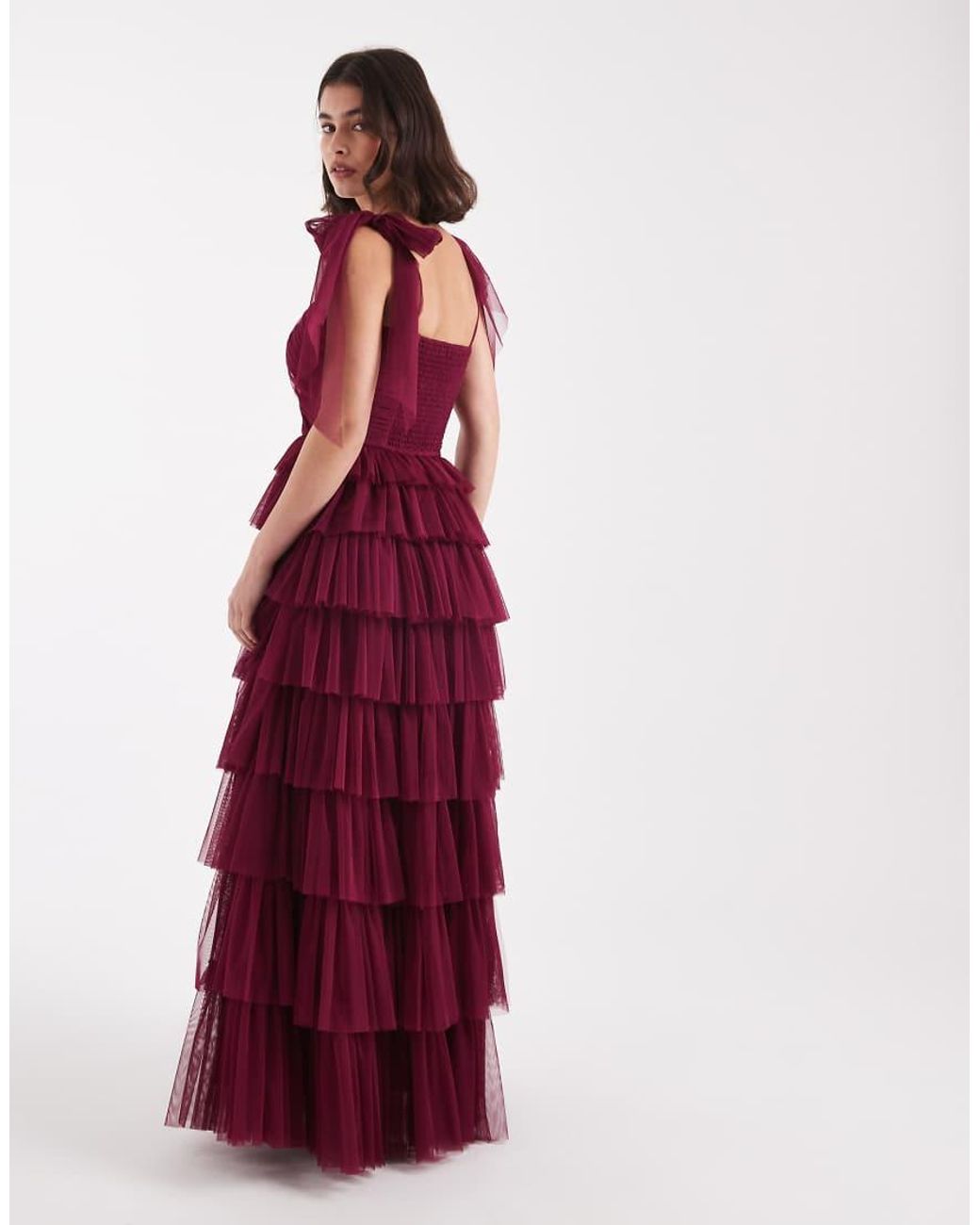 LACE & BEADS Red Bridesmaid Bow Shoulder Tulle Maxi Dress
