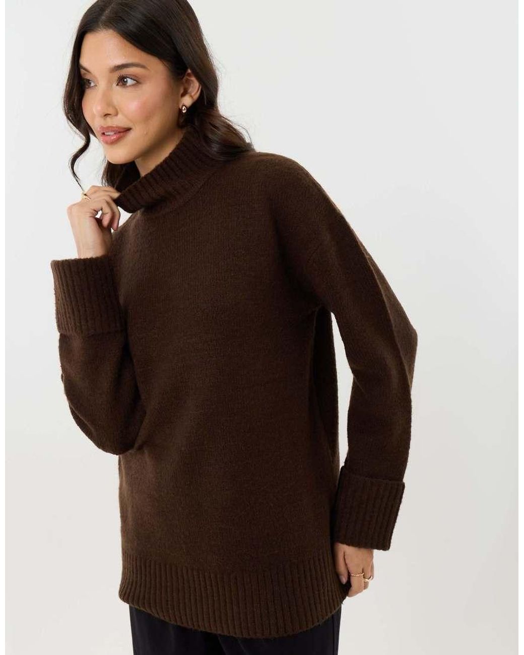Threadbare Brown Relaxed Fit Funnel Neck Jumper