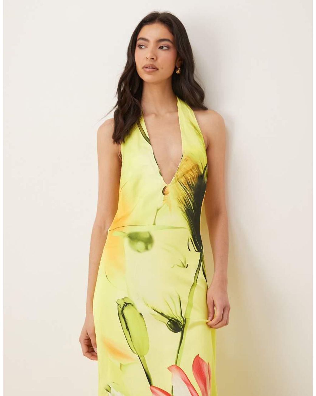 JW PEI Yellow Halter Neck Tie Detail Plunge Neck Satin Maxi Dress