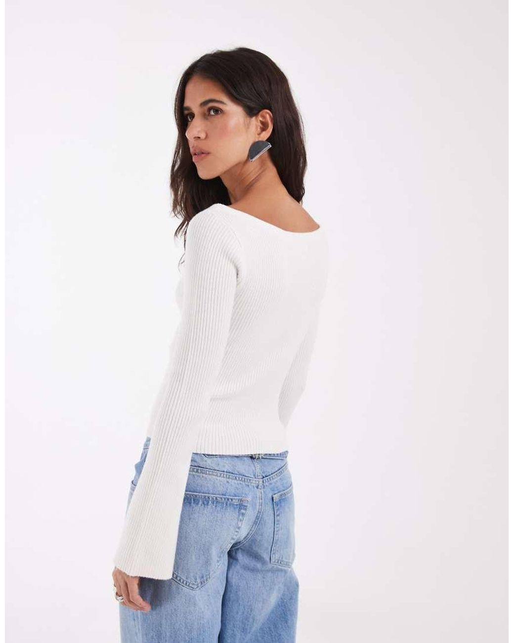 Hollister White Knitted Slash Neck Jumper With Bell Sleeves