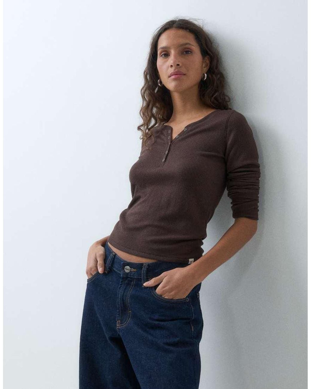 Hollister Blue Slouchy Long Sleeve Waffle Henley