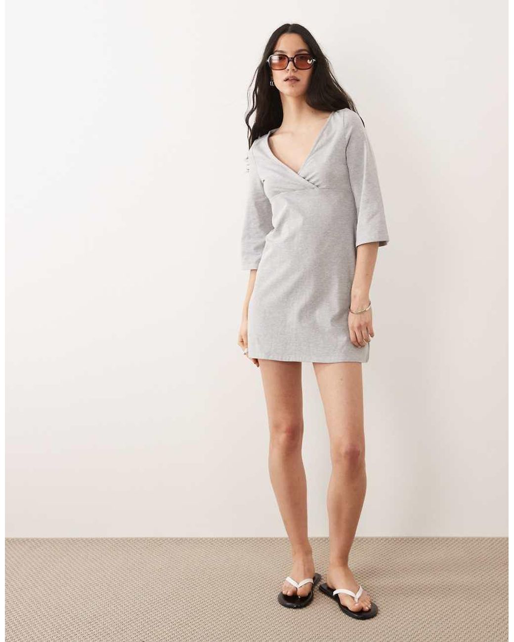 ASOS Natural 3/4 Sleeve With V Neck Mini Dress