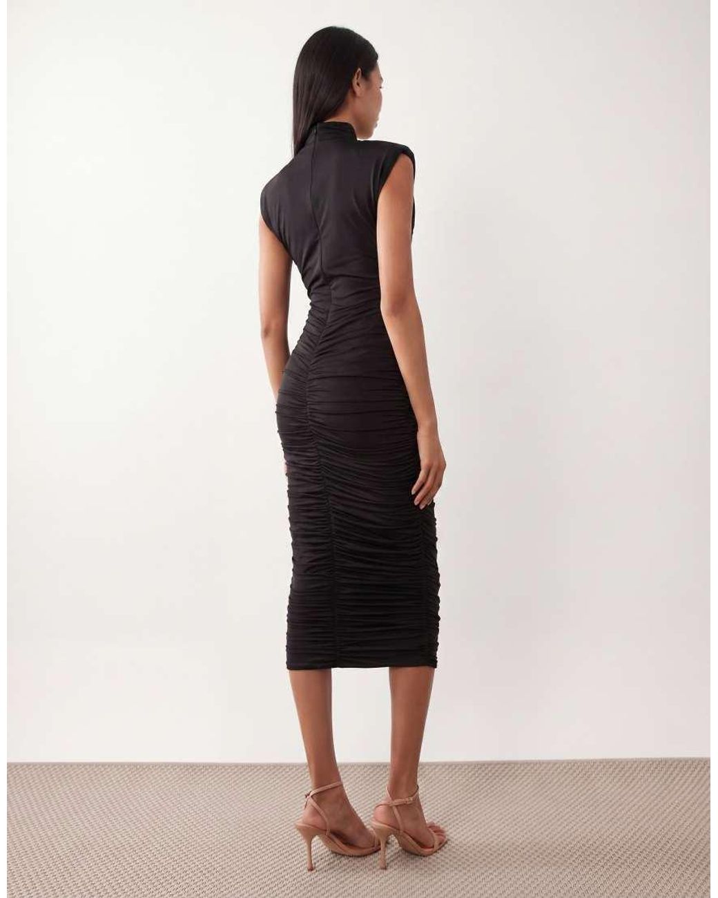 TFNC London Natural Slinky High Neck Shoulder Pad Drape Detail Midi Dress