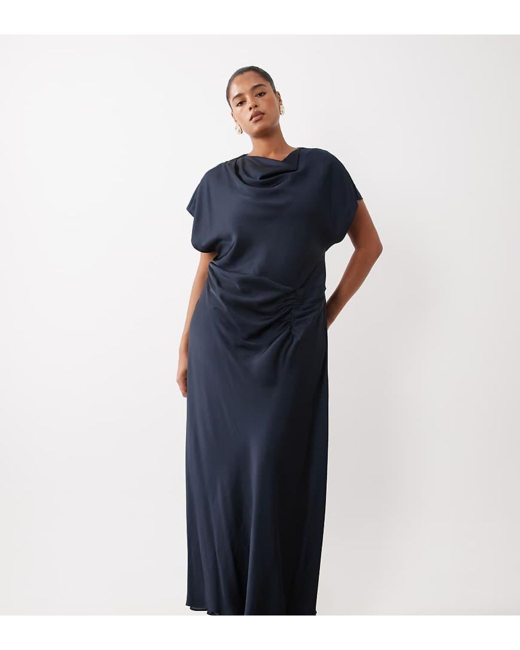 Forever New Blue Satin High Cowl Neck Tuck Side Detail Bias Maxi Dress