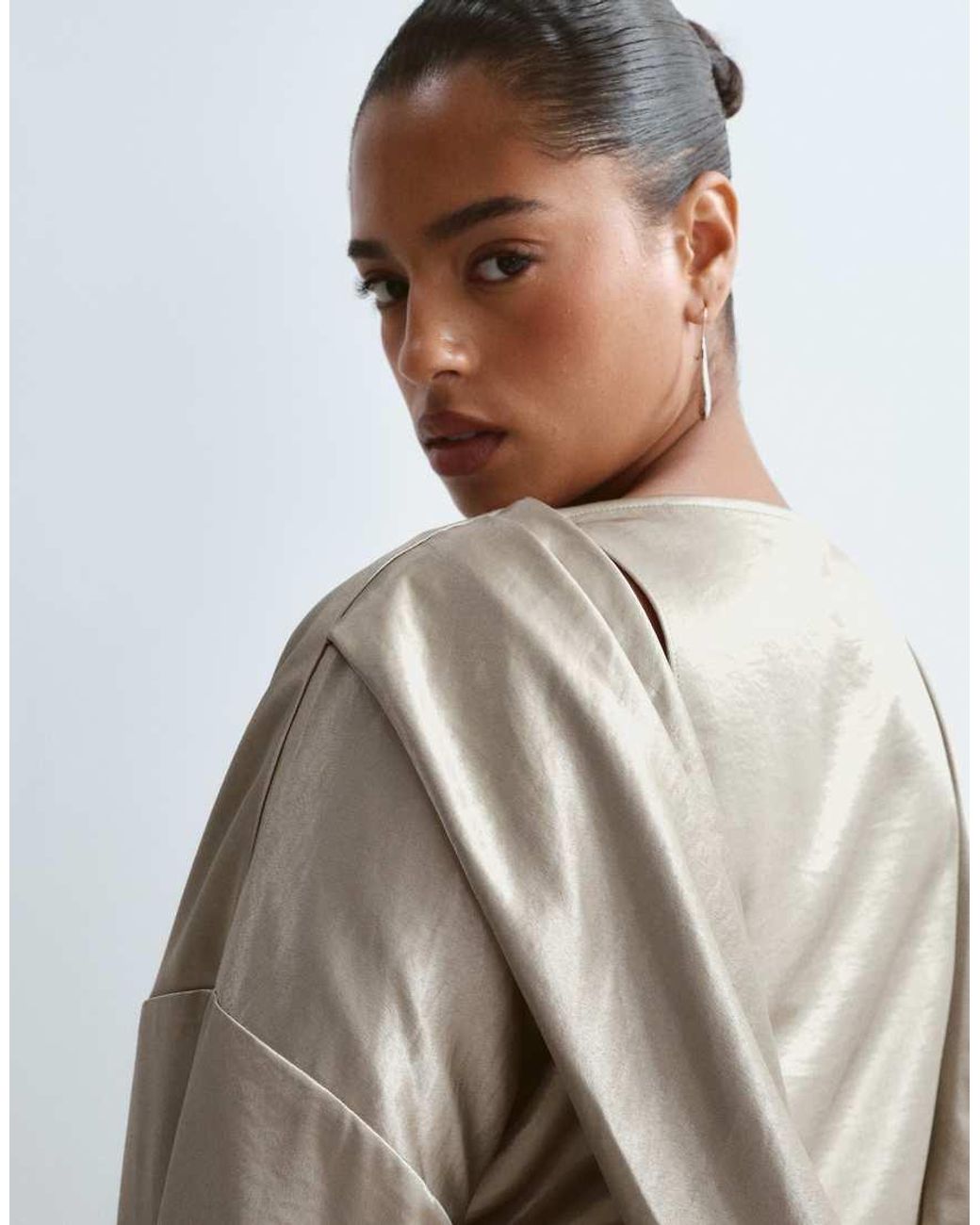 ARRANGE Metallic Curve Satin Drape Long Sleeve Maxi Dress